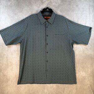 Sette Ponti Button‎ Up Shirt Men XL Blue Green 100% Silk Geometric Short Sleeve